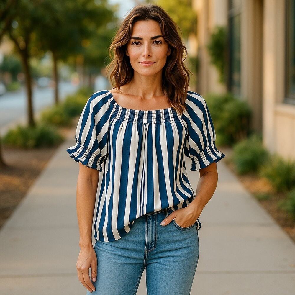 LuLaRoe Lily Square Neck Blouse Striped Peasant Top S Vertical Stripes NWT